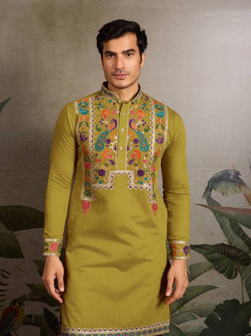 FLUORRESCENT GREEN VISCOSE SILK THEAD & SEQUINS EMBROIDERED WORK NAVRATRI FESTIVAL FUNCTION  PARTY WEAR STRAIGHT KURTA