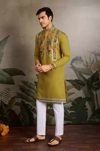FLUORRESCENT GREEN VISCOSE SILK THEAD & SEQUINS EMBROIDERED WORK NAVRATRI FESTIVAL FUNCTION  PARTY WEAR STRAIGHT KURTA