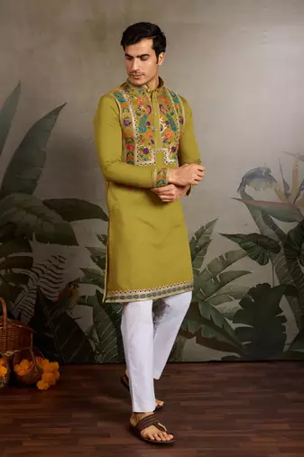 FLUORRESCENT GREEN VISCOSE SILK THEAD & SEQUINS EMBROIDERED WORK NAVRATRI FESTIVAL FUNCTION  PARTY WEAR STRAIGHT KURTA