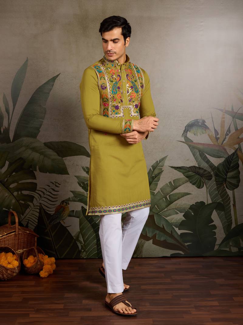 FLUORRESCENT GREEN VISCOSE SILK THEAD & SEQUINS EMBROIDERED WORK NAVRATRI FESTIVAL FUNCTION  PARTY WEAR STRAIGHT KURTA