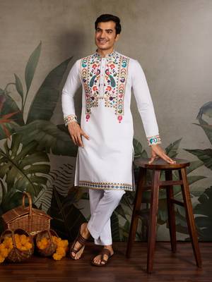 WHITE VISCOSE SILK THEAD WITH SEQUINS EMBROIDERED WORK WEDDING FUNCTION NAVRATRI FESTIVAL PARTY WEAR STRAIGHT KURTA 1