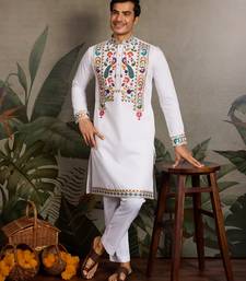 WHITE VISCOSE SILK THEAD WITH SEQUINS EMBROIDERED WORK WEDDING FUNCTION NAVRATRI FESTIVAL PARTY WEAR STRAIGHT KURTA