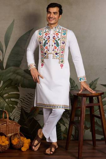 White viscose silk thead with sequins embroidered work wedding function navratri festival party wear straight kurta