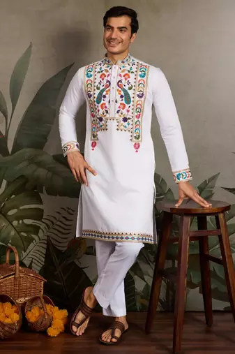 White viscose silk thead with sequins embroidered work wedding function navratri festival party wear straight kurta