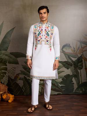 WHITE VISCOSE SILK THEAD WITH SEQUINS EMBROIDERED WORK WEDDING FUNCTION NAVRATRI FESTIVAL PARTY WEAR STRAIGHT KURTA 4