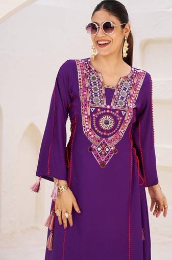 Purple Color Rayon Embroidered Kurta Plazo Set