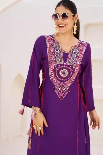 Purple Color Rayon Embroidered Kurta Plazo Set