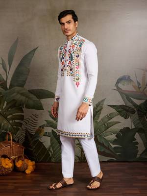 WHITE VISCOSE SILK THEAD WITH SEQUINS EMBROIDERED WORK WEDDING FUNCTION NAVRATRI FESTIVAL PARTY WEAR STRAIGHT KURTA 5