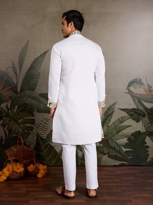 WHITE VISCOSE SILK THEAD WITH SEQUINS EMBROIDERED WORK WEDDING FUNCTION NAVRATRI FESTIVAL PARTY WEAR STRAIGHT KURTA 6