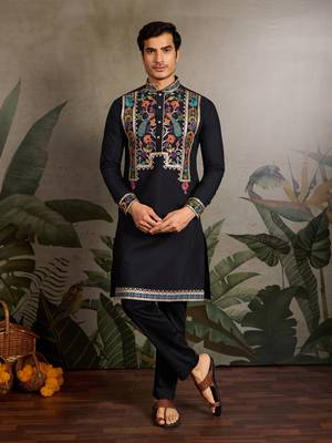 BLACK VISCOSE SILK THEAD WITH SEQUINS EMBROIDERED WORK WEDDING FUNCTION NAVRATRI FESTIVAL PARTY WEAR STRAIGHT KURTA 1