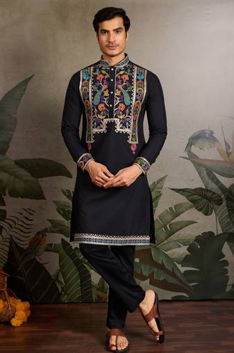 Black viscose silk thead with sequins embroidered work wedding function navratri festival party wear straight kurta