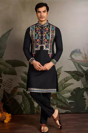 Black viscose silk thead with sequins embroidered work wedding function navratri festival party wear straight kurta