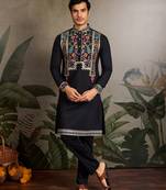 Black viscose silk thead with sequins embroidered work wedding function navratri festival party wear straight kurta
