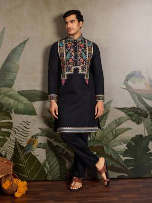 BLACK VISCOSE SILK THEAD WITH SEQUINS EMBROIDERED WORK WEDDING FUNCTION NAVRATRI FESTIVAL PARTY WEAR STRAIGHT KURTA 5