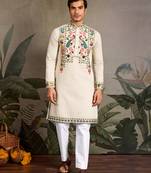 BEIGE VISCOSE SILK THEAD WITH SEQUINS EMBROIDERED WORK WEDDING FUNCTION NAVRATRI FESTIVAL PARTY WEAR STRAIGHT KURTA