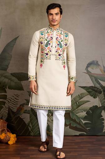 Beige viscose silk thead with sequins embroidered work wedding function navratri festival party wear straight kurta