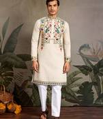 Beige viscose silk thead with sequins embroidered work wedding function navratri festival party wear straight kurta