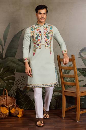 PISTA GREEN VISCOSE SILK THEAD & SEQUINS EMBROIDERED WORK WEDDING FUNCTION NAVRATRI FESTIVAL PARTY WEAR STRAIGHT KURTA