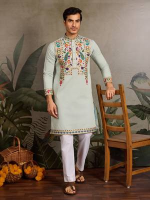 PISTA GREEN VISCOSE SILK THEAD & SEQUINS EMBROIDERED WORK WEDDING FUNCTION NAVRATRI FESTIVAL PARTY WEAR STRAIGHT KURTA 1