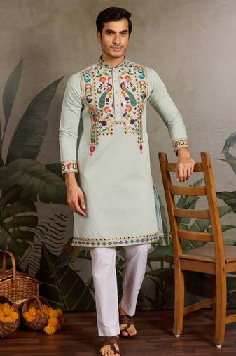 Pista green viscose silk thead & sequins embroidered work wedding function navratri festival party wear straight kurta