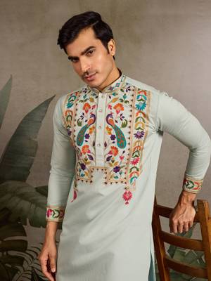 PISTA GREEN VISCOSE SILK THEAD & SEQUINS EMBROIDERED WORK WEDDING FUNCTION NAVRATRI FESTIVAL PARTY WEAR STRAIGHT KURTA 3