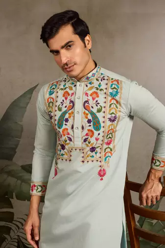 PISTA GREEN VISCOSE SILK THEAD & SEQUINS EMBROIDERED WORK WEDDING FUNCTION NAVRATRI FESTIVAL PARTY WEAR STRAIGHT KURTA