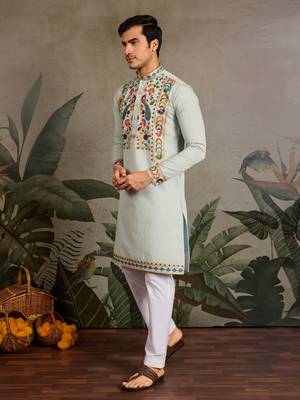 PISTA GREEN VISCOSE SILK THEAD & SEQUINS EMBROIDERED WORK WEDDING FUNCTION NAVRATRI FESTIVAL PARTY WEAR STRAIGHT KURTA 4