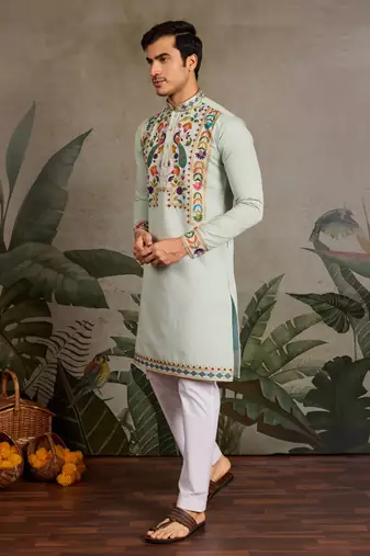 PISTA GREEN VISCOSE SILK THEAD & SEQUINS EMBROIDERED WORK WEDDING FUNCTION NAVRATRI FESTIVAL PARTY WEAR STRAIGHT KURTA