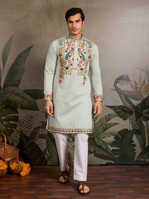 PISTA GREEN VISCOSE SILK THEAD & SEQUINS EMBROIDERED WORK WEDDING FUNCTION NAVRATRI FESTIVAL PARTY WEAR STRAIGHT KURTA 5