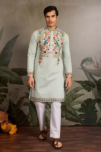 PISTA GREEN VISCOSE SILK THEAD & SEQUINS EMBROIDERED WORK WEDDING FUNCTION NAVRATRI FESTIVAL PARTY WEAR STRAIGHT KURTA