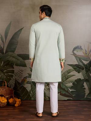 PISTA GREEN VISCOSE SILK THEAD & SEQUINS EMBROIDERED WORK WEDDING FUNCTION NAVRATRI FESTIVAL PARTY WEAR STRAIGHT KURTA 6