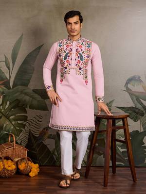 PINK VISCOSE SILK THEAD WITH SEQUINS EMBROIDERED WORK WEDDING FUNCTION NAVRATRI FESTIVAL PARTY WEAR STRAIGHT KURTA 1