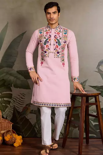 Pink viscose silk thead with sequins embroidered work wedding function navratri festival party wear straight kurta