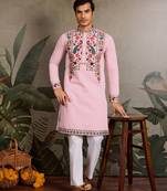 Pink viscose silk thead with sequins embroidered work wedding function navratri festival party wear straight kurta