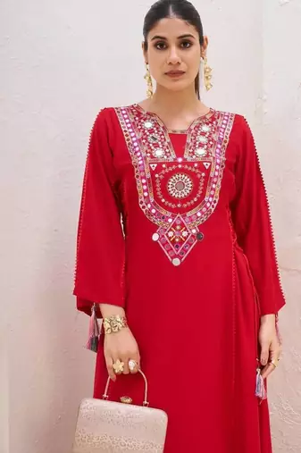 Red Color Rayon Embroidered Kurta Plazo Set