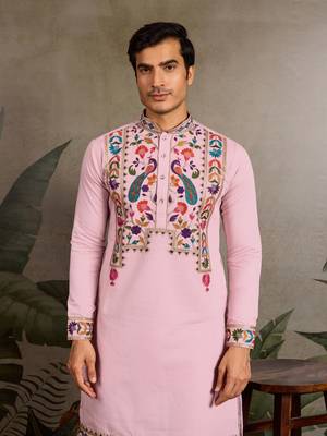 PINK VISCOSE SILK THEAD WITH SEQUINS EMBROIDERED WORK WEDDING FUNCTION NAVRATRI FESTIVAL PARTY WEAR STRAIGHT KURTA 3