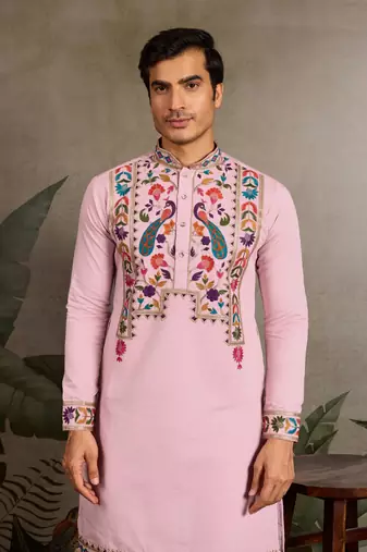 PINK VISCOSE SILK THEAD WITH SEQUINS EMBROIDERED WORK WEDDING FUNCTION NAVRATRI FESTIVAL PARTY WEAR STRAIGHT KURTA