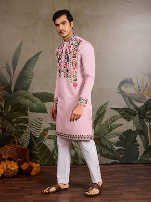 PINK VISCOSE SILK THEAD WITH SEQUINS EMBROIDERED WORK WEDDING FUNCTION NAVRATRI FESTIVAL PARTY WEAR STRAIGHT KURTA 4