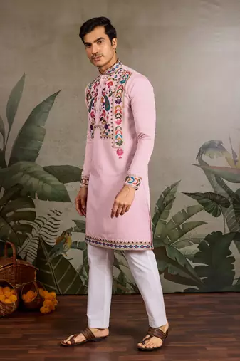 PINK VISCOSE SILK THEAD WITH SEQUINS EMBROIDERED WORK WEDDING FUNCTION NAVRATRI FESTIVAL PARTY WEAR STRAIGHT KURTA