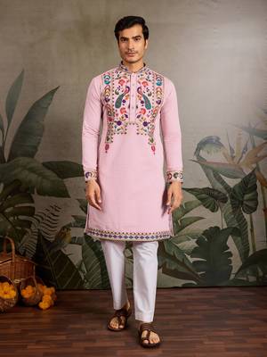 PINK VISCOSE SILK THEAD WITH SEQUINS EMBROIDERED WORK WEDDING FUNCTION NAVRATRI FESTIVAL PARTY WEAR STRAIGHT KURTA 5