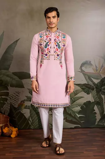 PINK VISCOSE SILK THEAD WITH SEQUINS EMBROIDERED WORK WEDDING FUNCTION NAVRATRI FESTIVAL PARTY WEAR STRAIGHT KURTA