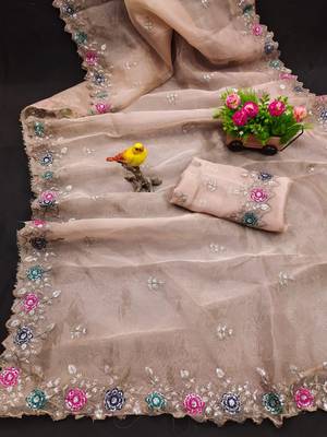 cream organza embroidered party wear saree 1