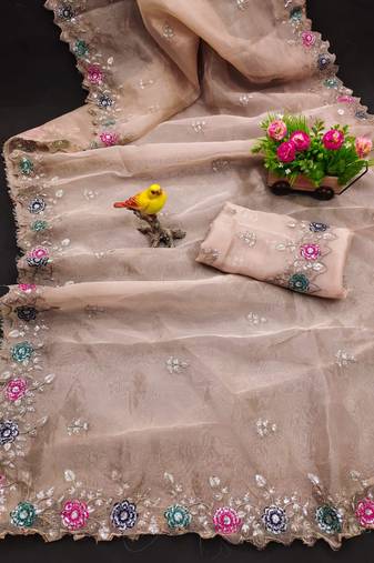 cream organza embroidered party wear saree