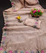 cream organza embroidered party wear saree