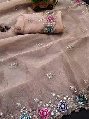 cream organza embroidered party wear saree 2