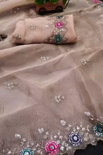 cream organza embroidered party wear saree