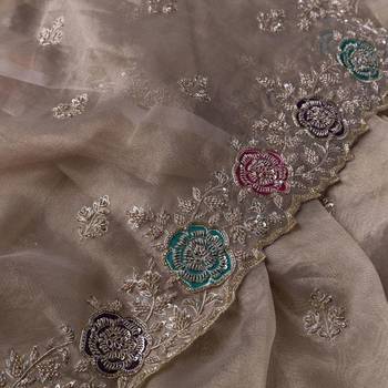 cream organza embroidered party wear saree 3