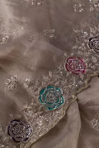 cream organza embroidered party wear saree