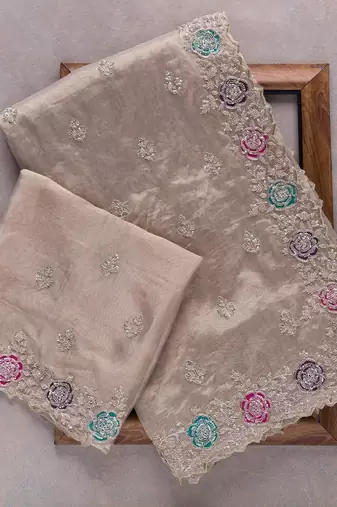 cream organza embroidered party wear saree