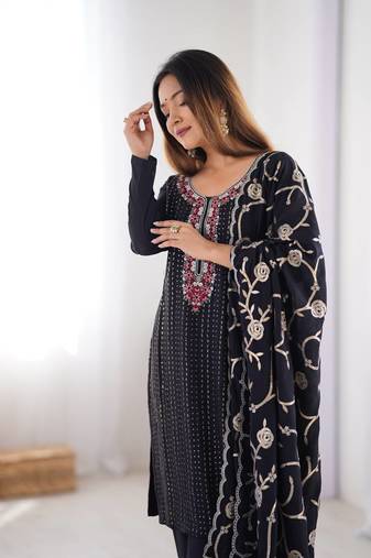 Black Color Thread With Sequence Work Chinon Silk Kurta Set